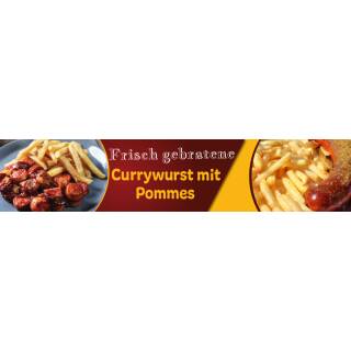 Banner 2,5 m Frisch gebratene Currywurst mit Pommes XXL Werbung PVC-Plane mit Ösen zum Aufhängen
